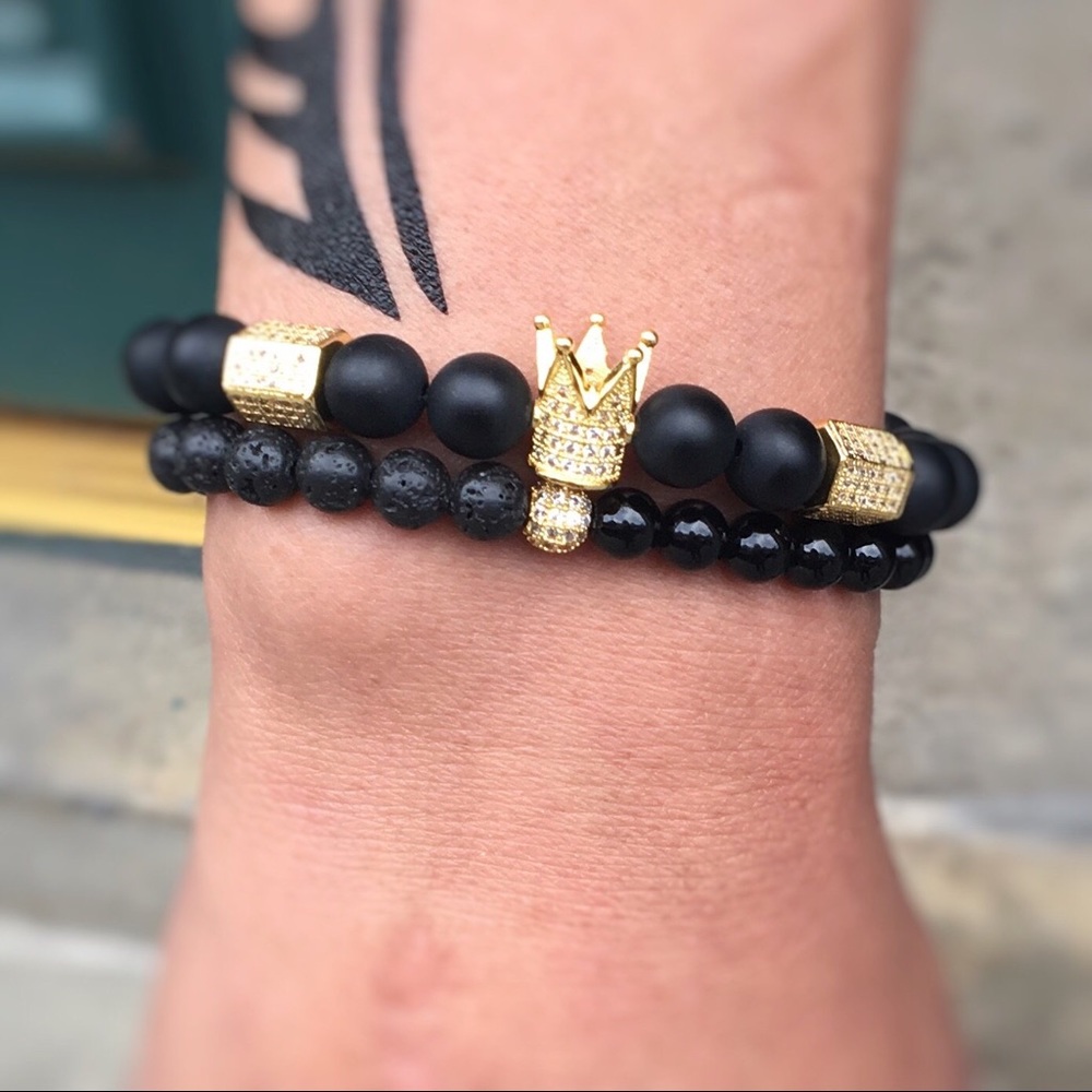 Black Onyx and Lava Stone Beaded Bracelet Set
